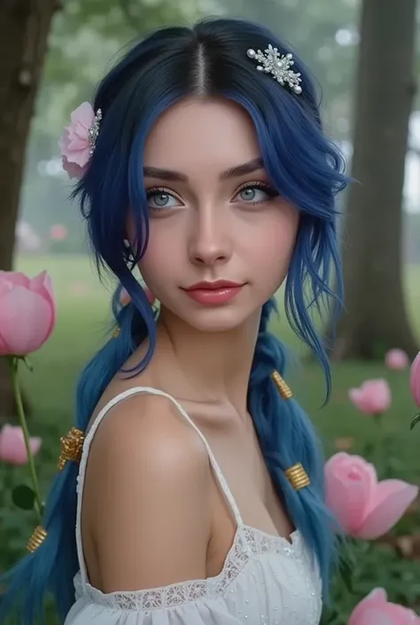 Poetry Book Layout, blue mane with gold stripes in it, hair bun with bangs, pink blue, blue body, anthro, blushing, face shot, magic forest