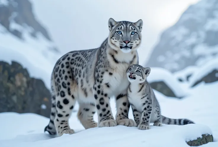 gently leaning on, 美しいユキヒョウとその子が中心inす. in, Luxurious, Thick fur, dotted with iconic black rosettes, teeth、of the mother's mini coat Chua Imitate、 young. 彼女の鋭い青い目teeth優しく、is careful when looking ahead. Bear cub, that exudes playfulness and innocence, an adu...