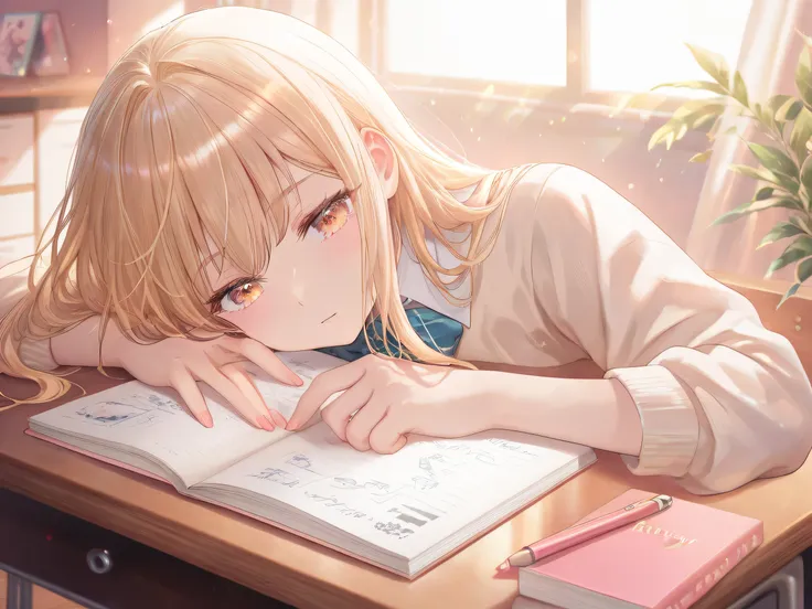 Pretty Girl Designing a Poetry Book Layout on Her Desk、long hair、kind expression、Room with Warm Light Shining In、Notebooks and pens、Desk with Poetry Manuscripts Scattered、Artistic Composition、soft pastel colors