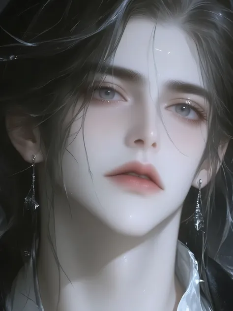 a handsome man with long hair antique black hair,a handsome man with long hair, an ancient brunette in a fairy-looking white Hanfu, traditional Chinese clothing , Double eyelids,Japanese Manga Style,The throat is obvious