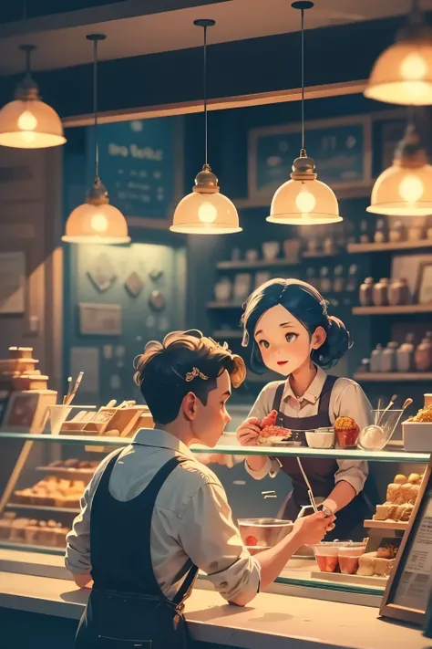 Inspired by Edward Hopper's 'Nighthawks,' this scene depicts an ice cream parlor immersed in the nocturnal quiet of a deserted city. Behind a large glass window, the shop emanates a warm and welcoming light, in stark contrast to the dark and streets outsi...
