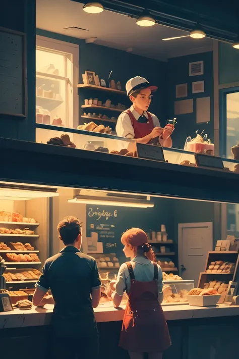 Inspired by Edward Hopper's 'Nighthawks,' this scene depicts an ice cream parlor immersed in the nocturnal quiet of a deserted city. Behind a large glass window, the shop emanates a warm and welcoming light, in stark contrast to the dark and streets outsi...
