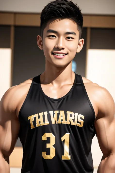 18-year-old male、Japanese、handsome、macho、athlete、Short Hair、facing front、plain black tank top、Gold-colored with numbers、smile