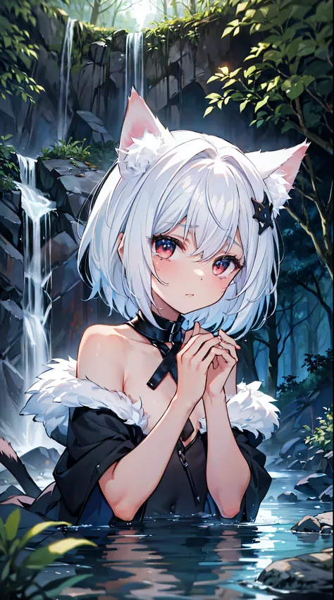 top grade 、white hair、short hair,red eyes、Beautiful Girl、Petite、Cat ears,flat chested,naked,fur,in the Dark Forest,waterfall,watery eyes,crying face,night,