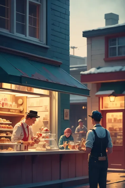 Inspired by Edward Hopper's 'Nighthawks,' this scene depicts an ice cream parlor immersed in the nocturnal quiet of a deserted city. Behind a large glass window, the shop emanates a warm and welcoming light, in stark contrast to the dark and streets outsi...