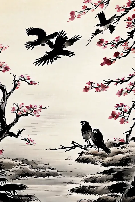there are 2 birds perched on a branch, Crows, Crows as a symbol of death, Crow, black Crows, Crows beautiful, Black Ink Paintings, black Crows flying, inspired by Gonzalo Endara Crow, artistic drawing of a Crow, A heart and a heart that flies above , among...