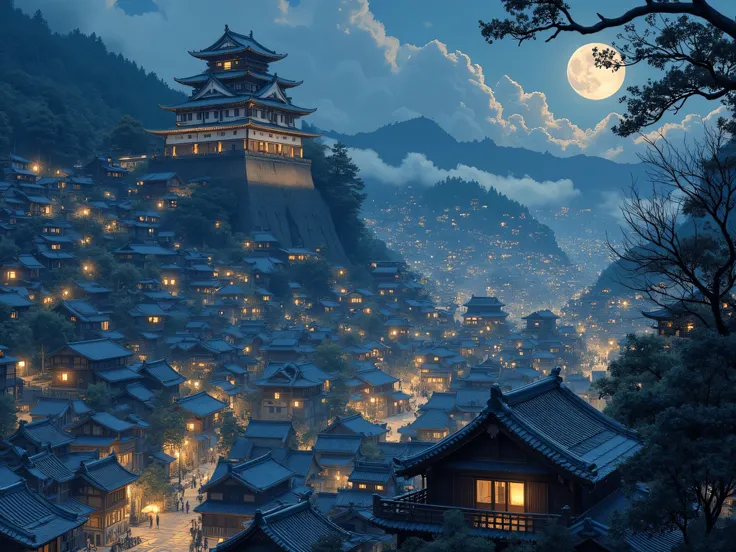 A fantastical night view of a traditional Japanese mountain town. Countless wooden houses with tiled roofs and softly glowing windows climb the misty hillside. The scene is bathed in moonlight and warm lantern light, creating a calm and dreamlike atmospher...