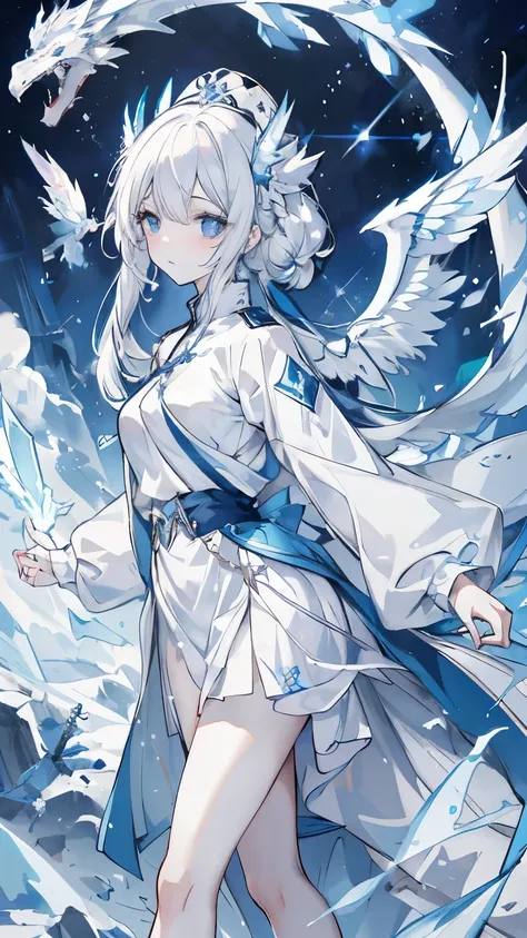 snow white hair,Blue eyes,White military uniform and light blue windbreaker,frozen dragon wings,White Ice Dragon