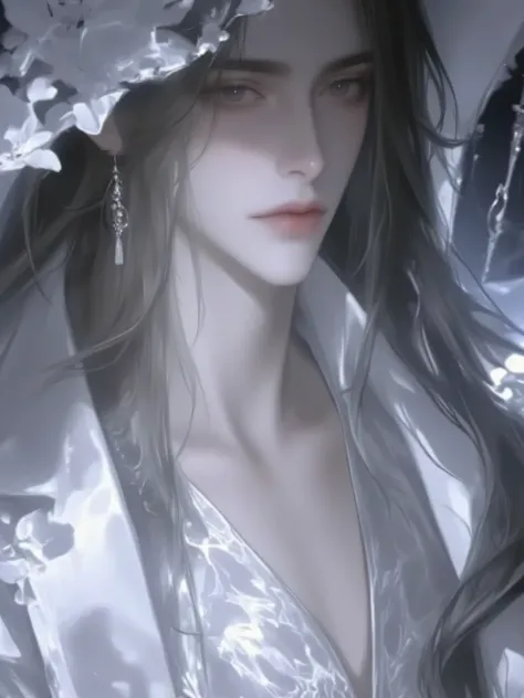 a handsome man with long hair antique black hair,a handsome man with long hair, an ancient brunette in a fairy-looking white Hanfu, traditional Chinese clothing , Double eyelids,Japanese Manga Style,The throat is obvious