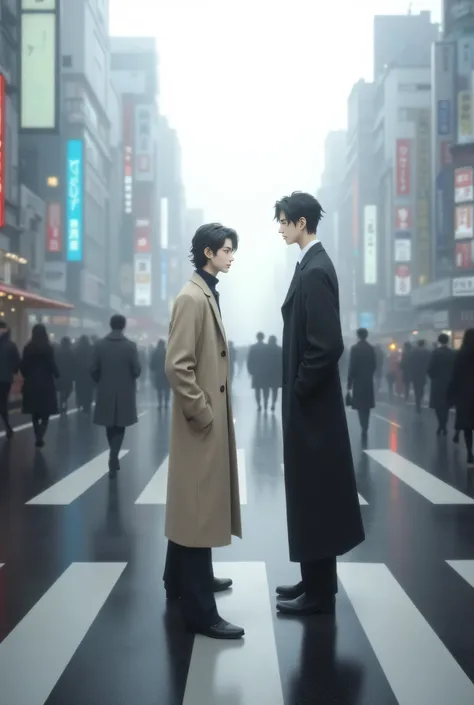 A digital realistic style illustration. A misty Tokyo morning. A busy Shibuya crosswalk. A delicate, slender Japanese man (Ren), pale skin, soft brown eyes, black wavy hair, in a beige long coat, stands still. Across the crosswalk, a tall, sharply handsome...