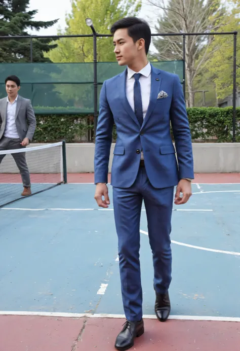 The Asian guy is wearing a fitted blue suit and the Asian guy is wearing a fitted grey suit. He looks very handsome. The pants show a big bulge under the crotch. The slant to the left has a long cylindrical shape, showing a very big bulge in pant., photore...