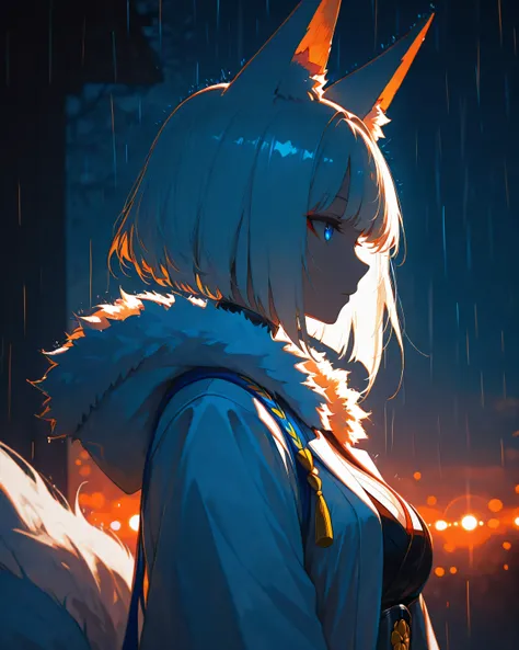 1girl, animal ear fluff, animal ears, coat, fur-trimmed hood, fur trim, light, long hair, night, profile, rain, blue eyes, white hair, solo, lelst0_illu, bloom, high contrast, colorful, cinematic lighting, tone mapping, high saturation, color grading, bloo...