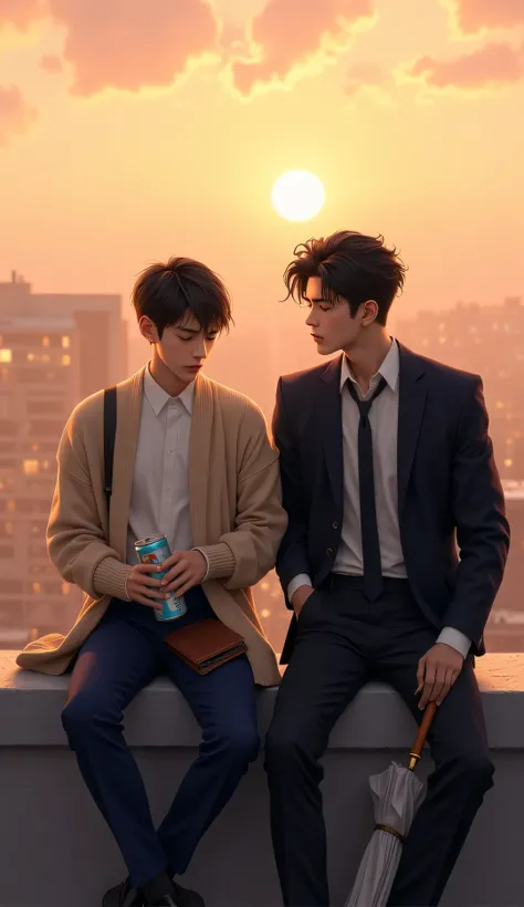 A digital realistic style illustration. A dreamy golden hour rooftop in Tokyo with soft warm sunset lighting and a glowing sky. Two Japanese age boys in the same school uniform sit side by side on a rooftop ledge. One is a  delicate Japanese boy with a sle...