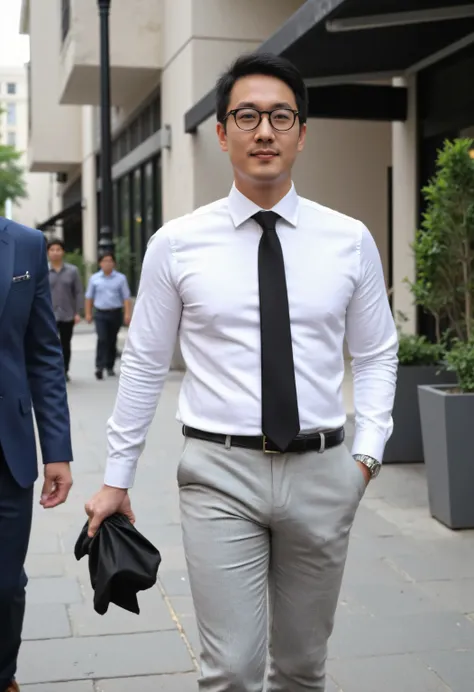 The 42-year-old Asian and 30 year old Asian, wearing eyeglasses and a white long-sleeved shirt, fitted light grey slacks, black ties and a black tie, was very handsome. The crotch of the slacks featured prominently in the crotch area, with a long, large to...