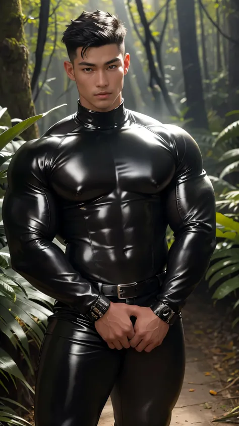 (Ultra realistic, intricate details, photorealistic, 8K HD, bright forest lightings,rich contrast), Detailed realistic, a handsome korean muscular young boy, powerful and intimidating, godly presence, young god|tarzan, ager face, beautiful, smooth dark bro...