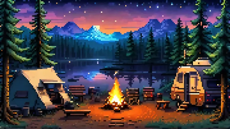 2D pixel art in retro video game style, 16-bit, A peaceful, campsite at night, surrounded by pine trees under a starry sky, dark night tones, no characters