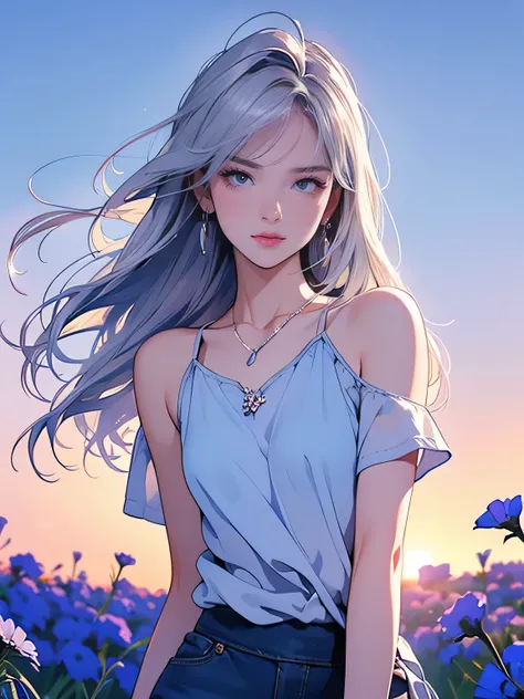 أنيميnsfw,animation、HD images、high definition、One woman、((Flower field at dusk))、Very beautiful sunset scene、((Bluish Silver Hair))、angry expression、Stern expression、muscular body、(small breasts)、((Bluish Silver Hair))、her hair is fluttering in the wind、((...