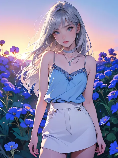 أنيميnsfw,animation、HD images、high definition、One woman、((Flower field at dusk))、Very beautiful sunset scene、((Bluish Silver Hair))、angry expression、Stern expression、muscular body、(small breasts)、((Bluish Silver Hair))、her hair is fluttering in the wind、((...