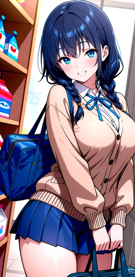 masterpiece,high definition,Highest Quality,8k，((Highest Quality)), (masterpiece)), (details: 1.4), high definition, (masterpiece: 1.4), 超details, solo girl, dark blue hair、braids, blue eyes, beige cardigan, white shirt, blue ribbon, Navy Blue Skirt, shopp...
