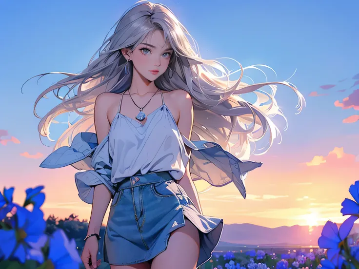 أنيميnsfw,animation、HD images、high definition、One woman、((Flower field at dusk))、Very beautiful sunset scene、((Bluish Silver Hair))、angry expression、Stern expression、muscular body、(small breasts)、((Bluish Silver Hair))、her hair is fluttering in the wind、((...