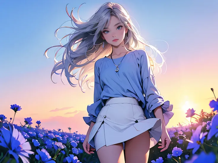 أنيميnsfw,animation、HD images、high definition、One woman、((Flower field at dusk))、Very beautiful sunset scene、((Bluish Silver Hair))、angry expression、Stern expression、muscular body、(small breasts)、((Bluish Silver Hair))、her hair is fluttering in the wind、((...