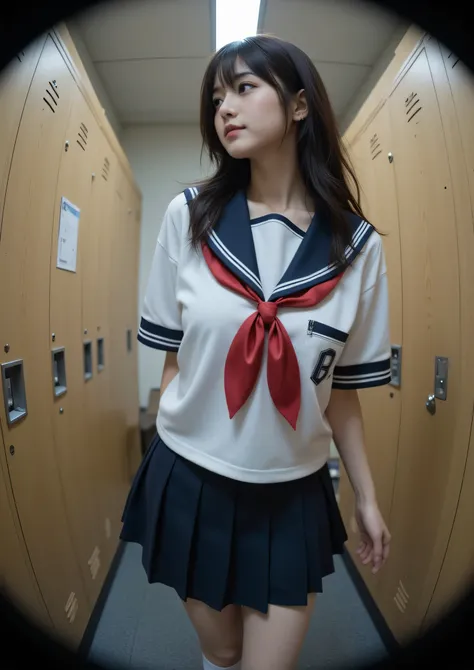  japanese cute idol, Japanese cute girl, kawaii, a beautiful young girl dressed up as a sailor girl, 1girl, solo, school uniform, serafuku, skirt, black hair, long hair, socks, masterpiece, best quality, hyper detailed, insanely detailed, 16k, absurdres, j...