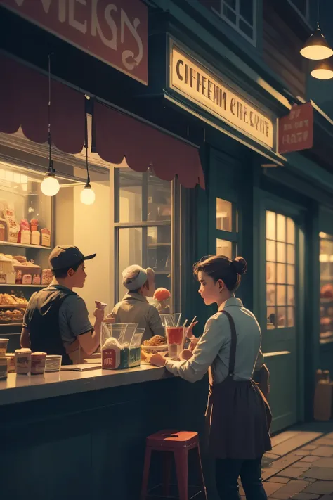 Inspired by Edward Hopper's 'Nighthawks,' this scene depicts an ice cream parlor immersed in the nocturnal quiet of a deserted city. Behind a large glass window, the shop emanates a warm and welcoming light, in stark contrast to the dark and streets outsi...