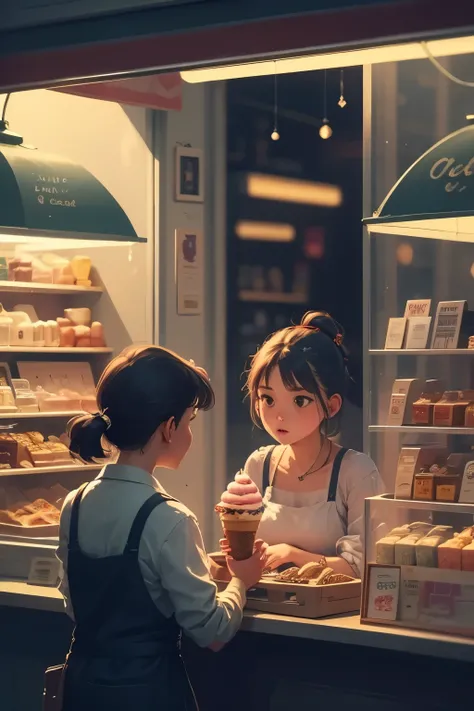 Inspired by Edward Hopper's 'Nighthawks,' this scene depicts an ice cream parlor immersed in the nocturnal quiet of a deserted city. Behind a large glass window, the shop emanates a warm and welcoming light, in stark contrast to the dark and streets outsi...