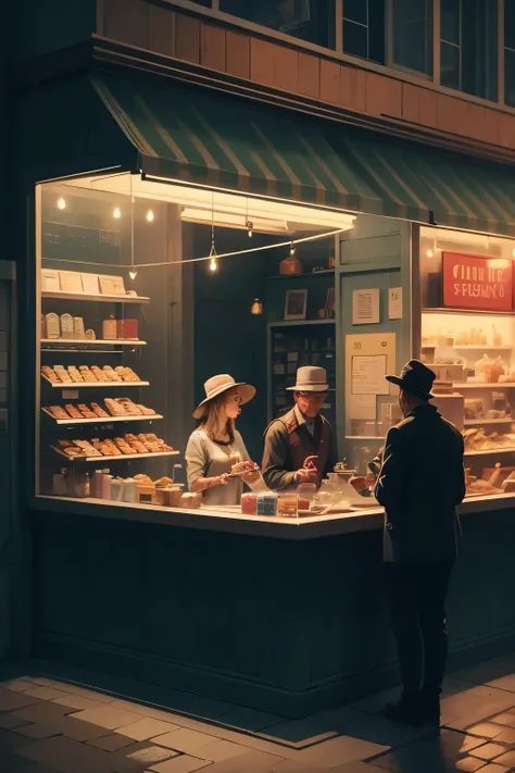 Inspired by Edward Hopper's 'Nighthawks,' this scene depicts an ice cream parlor immersed in the nocturnal quiet of a deserted city. Behind a large glass window, the shop emanates a warm and welcoming light, in stark contrast to the dark and streets outsid...