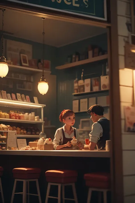 Inspired by Edward Hopper's 'Nighthawks,' this scene depicts an ice cream parlor immersed in the nocturnal quiet of a deserted city. Behind a large glass window, the shop emanates a warm and welcoming light, in stark contrast to the dark and streets outsid...