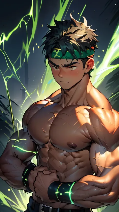 ((masterpiece, best quality, Score_9, Score_8_up, Score_7_up, Score_6_up, Score_5_up, Score_4_up)), (((((upper body))))), (worm eyes, Young guy, muscler, topless), ((((1boy, solo, flesh, tough, reliable, developed body, reliable, toned body)))), (Dark Shor...