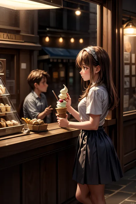 Inspired by Edward Hopper's 'Nighthawks,' this scene depicts an ice cream parlor immersed in the nocturnal quiet of a deserted city. Behind a large glass window, the shop emanates a warm and welcoming light, in stark contrast to the dark and streets outsid...