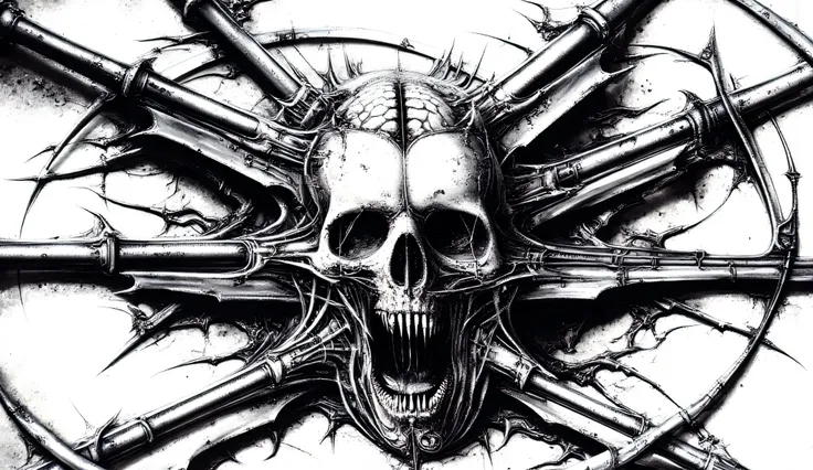 Logo. maximalism. drawing. The sharp blades of the scythes plunge into the human skull, taking out the brain. Monochrome image. horror