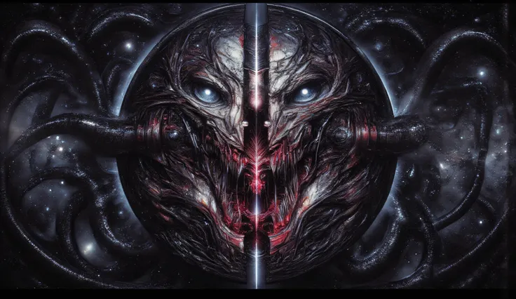 Logo. maximalism. drawing. the Milky Way galaxy, split in two. She's bleeding, and huge black tentacles, sharp teeth, and eyes are coming out of the wound. horror