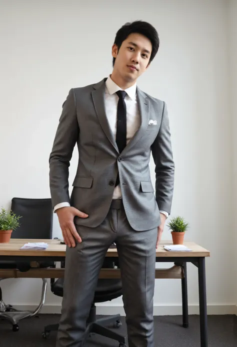Young Asian guy wearing a handsome gray suit at the office, doing a tongue-in-cheek pose, showing a big bulge under the crotch of his pants, slanting up to the left, showing very big bulge in pant, photorealistic skin texture, Natural Realistic Full Body