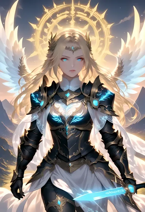 a woman with a sword and wings standing in front of a mountain, angel knight girl, as a mystical Valkyrie, epic fantasy character art, high quality fantasy art, epic fantasy digital art style, fantasy character art, female blond hair templar, fantasy palad...