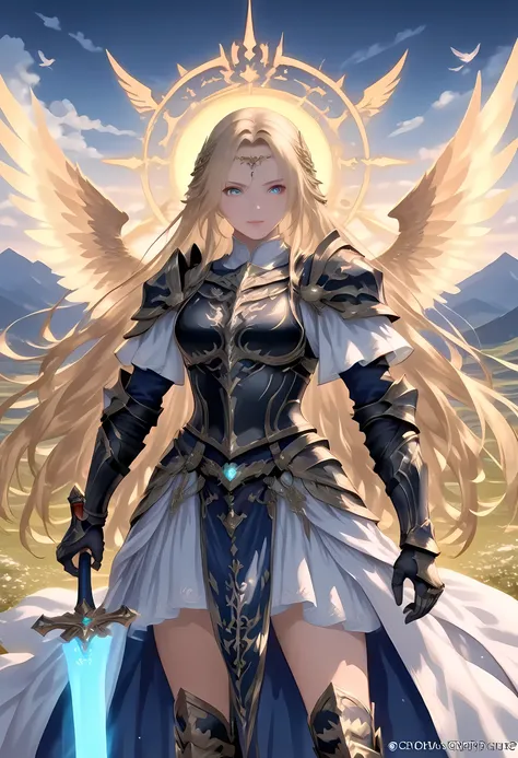 a woman with a sword and wings standing in front of a mountain, angel knight girl, as a mystical Valkyrie, epic fantasy character art, high quality fantasy art, epic fantasy digital art style, fantasy character art, female blond hair templar, fantasy palad...