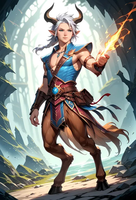 a satyr casing two magical rays in a hell, satyr sorcerer, epic fantasy character art, high quality fantasy art, epic fantasy digital art style, fantasy character art, male satyr, silver hair, silver eyes, wearing half open shirt, fantasy sorcerer, firing ...