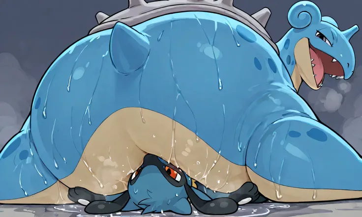 giant feral Lapras, small riolu, facesitting, [Lapras:lying on face, giant bulky fat, big fins, massive strong large body, looking down, no foot, no legs, open eyes, evil grin, open mouth, sweaty, steamy breath], [riolu:lying on back, head under body, very...