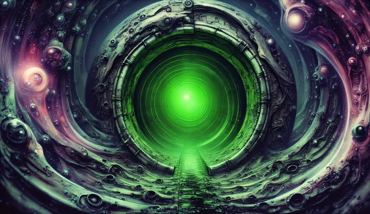 Logo. maximalism. drawing. Acid-green portal to space. stars and galaxies. horror