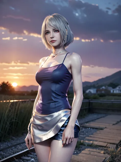يميnsfw,HD images、high definition、One woman、((Deserted Station at Dusk))、Very beautiful sunset scene、((Bluish Silver Hair))、Calm Look、Downward Expression、muscular body、(small breasts)、((Bluish Silver Hair))、her hair is fluttering in the wind、((Rural Statio...
