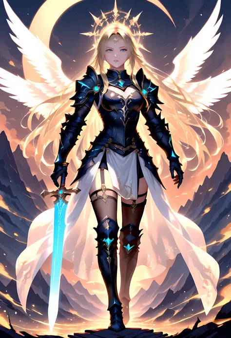 score_9, score_8_up, score_7_up a woman with a sword and wings standing in front of a mountain, angel knight girl, as a mystical Valkyrie, epic fantasy character art, high quality fantasy art, epic fantasy digital art style, fantasy character art, female b...