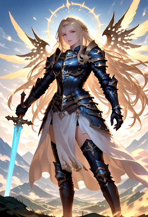 score_9, score_8_up, score_7_up a woman with a sword and wings standing in front of a mountain, angel knight girl, as a mystical Valkyrie, epic fantasy character art, high quality fantasy art, epic fantasy digital art style, fantasy character art, female b...