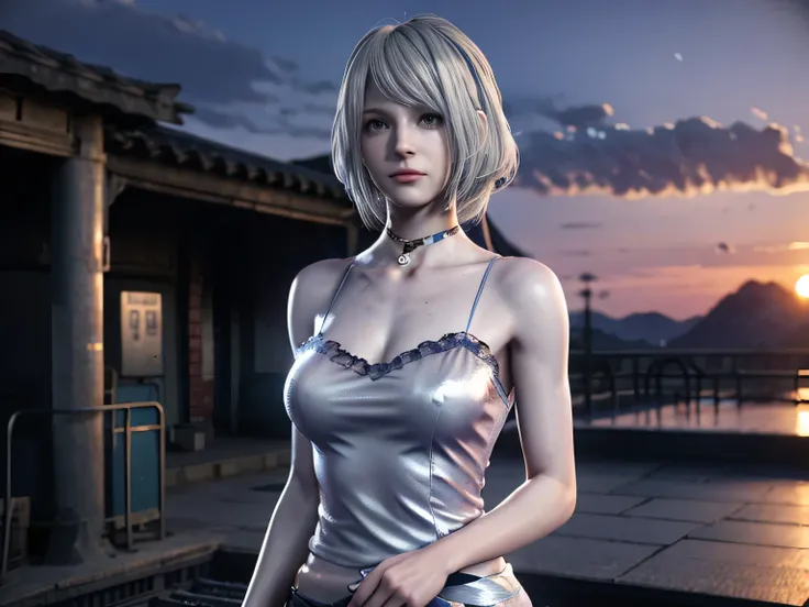 يميnsfw,HD images、high definition、One woman、((Deserted Station at Dusk))、Very beautiful sunset scene、((Bluish Silver Hair))、angry expression、Stern expression、muscular body、(small breasts)、((Bluish Silver Hair))、her hair is fluttering in the wind、((Rural St...