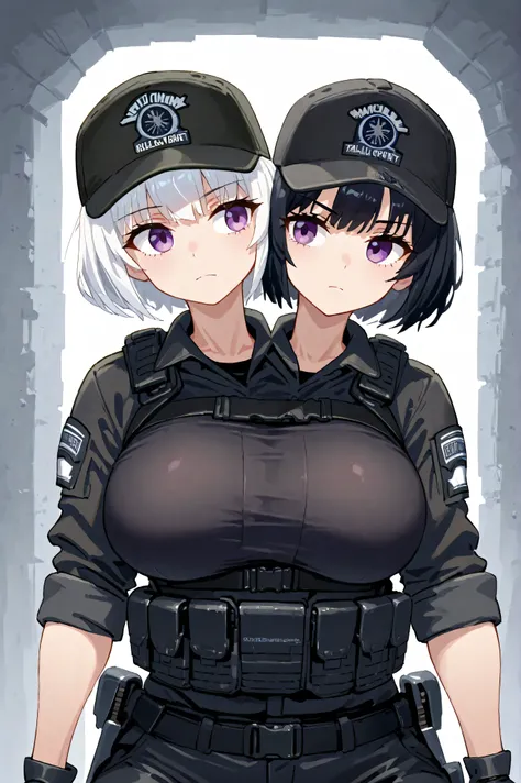 conjoined, 2girls, 2heads, two heads, a tall thin girls with 2 heads, white hair, black hair, short hair, purple eyes, large breasts, black combat shirt, black shirt, black pants, bulletproof vest, loose black gaiters, black gloves, tactical gear, baseball...