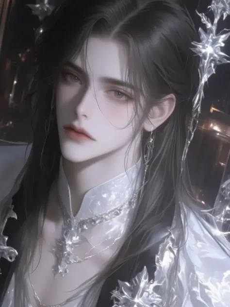 a handsome man with long hair antique black hair,a handsome man with long hair, an ancient brunette in a fairy-looking white Hanfu, traditional Chinese clothing , Double eyelids,Japanese Manga Style,The throat is obvious