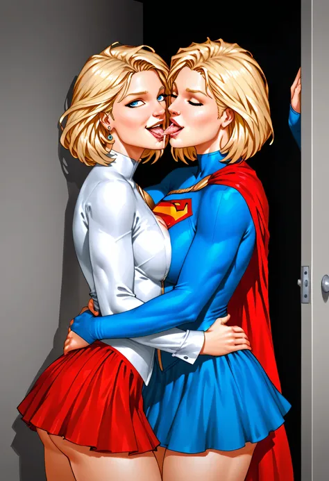 obra-prima, best quality, 2 meninas, Two plus-size women in Supergirl and Powergirl uniforms found locked in the closet. beijo, hug, (On the wall ), (suor:1.2), par, (corar), (trace of saliva), big ass, De lado, unbuttoned blouse, skirt raised, meias altas...