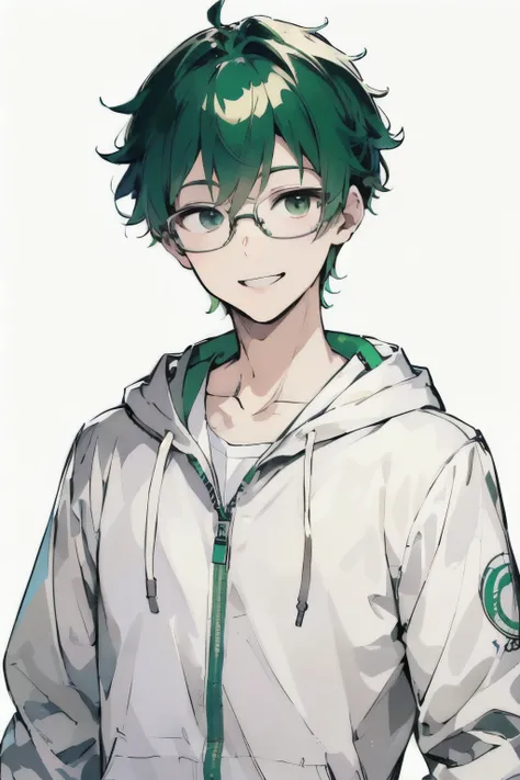 (( Highest Quality)), (( masterpiece)), ( details), wallpaper、Very details 、(((Very details な目と顔)))、 white background、glasses、smile、 masterpiece、 Highest Quality、green hair、Short-haired young male with straight hair、smile、8k、short haired man with straight ...