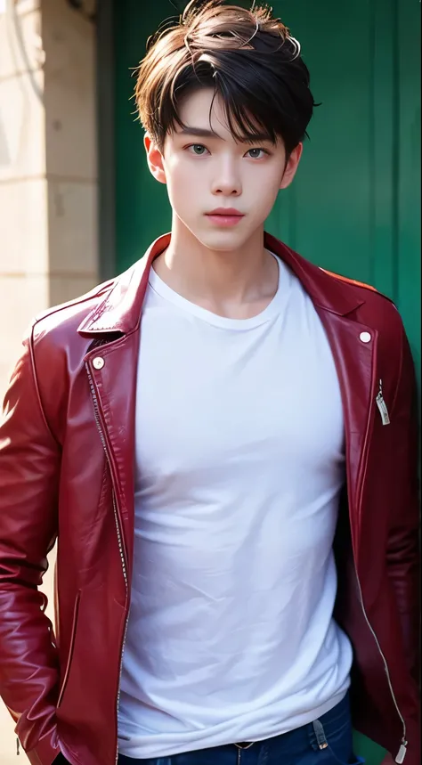(Handsome Chinese guy:1.5)Libido boy,Locomotive Boy,Locomotive Boy,Realistic photos,Dressed in red, Blue and black skinny leather jacket,Brush cut,Textured skin,looks into camera,18-year-old boy,Studio,danshi koukousei,Muscle role,Perfect shadow body,Gigac...