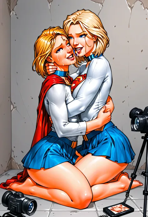 obra-prima, best quality, 2 meninas, Two plus-size women in Supergirl and Powergirl uniforms, in a dirty men's bathroom,  cameras filming. beijo, hug, (On the wall ), (suor:1.2), par, (corar), (trace of saliva), big ass, De lado, unbuttoned blouse, skirt r...
